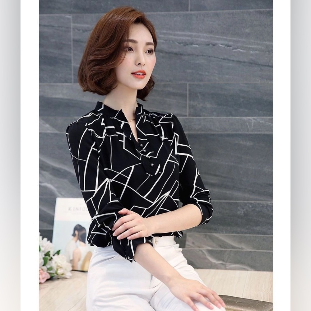 In The Mood - Print Open-Placket Chiffon Blouse